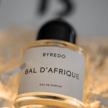 Close-up of Byredo Bal D'Afrique perfume bottle with elegant design.