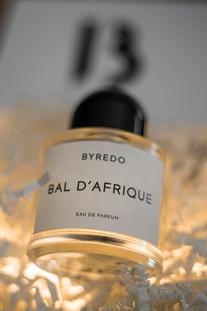 Close-up of Byredo Bal D'Afrique perfume bottle with elegant design.