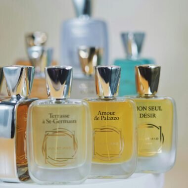 Close-up of premium glass perfume bottles with elegant designs. Perfect for fragrance branding and luxury marketing.