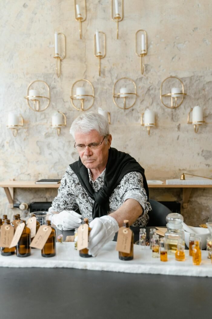 Elderly man crafting fragrances indoors, surrounded by essential oils in bottles.